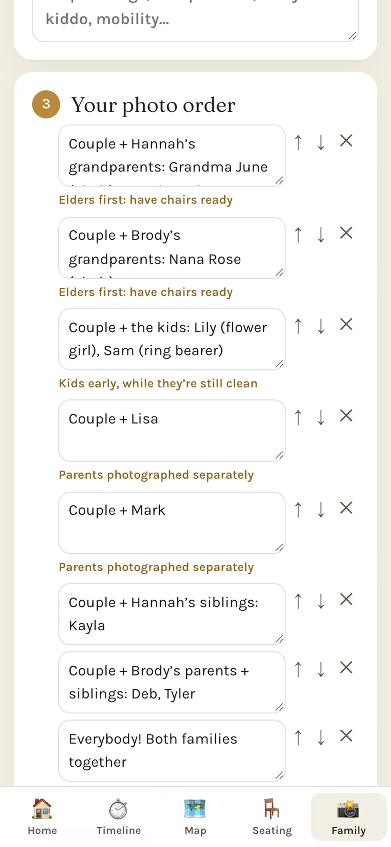 Family photo order: grandparents first with chairs ready, then the kids, then parents photographed separately