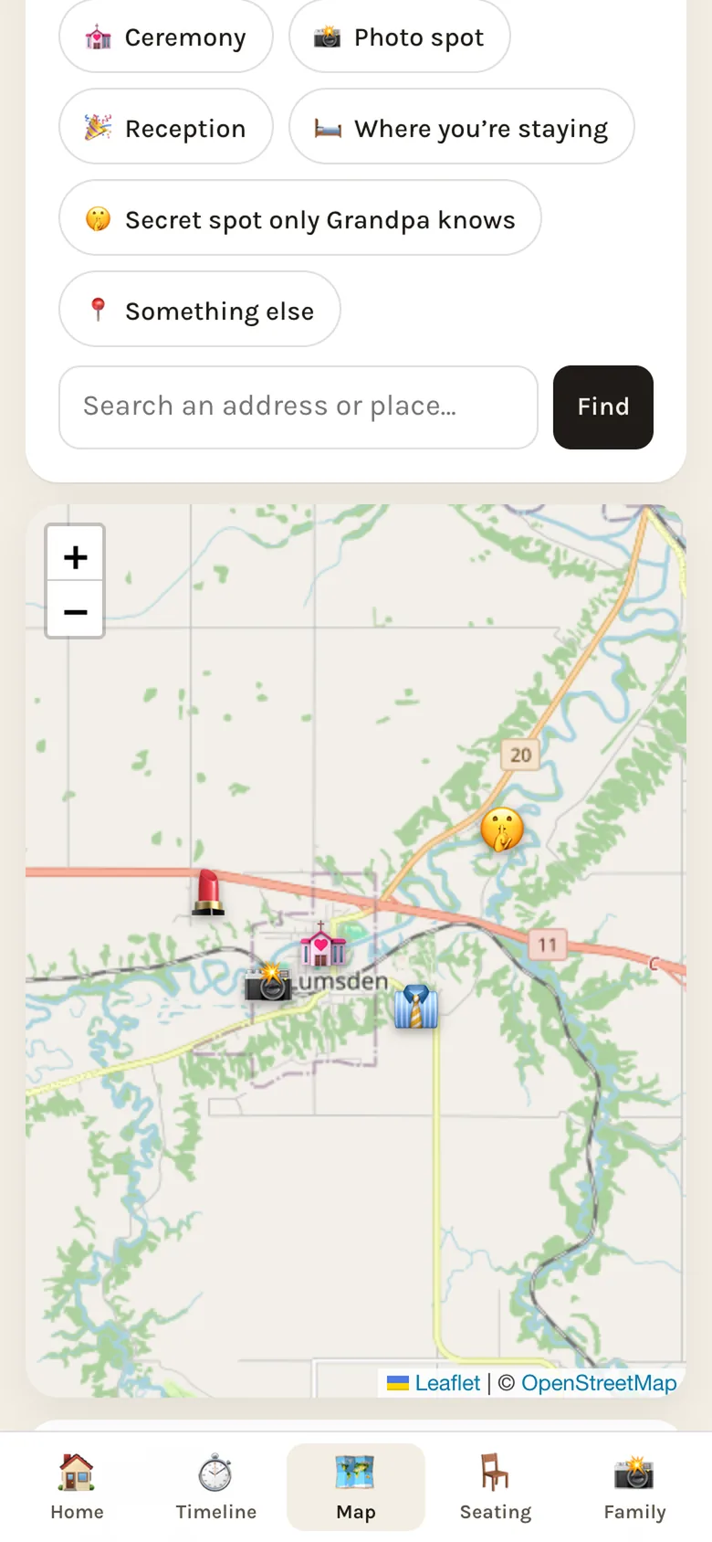 A map with pins for getting ready, the ceremony, photo spots and a secret spot only Grandpa knows