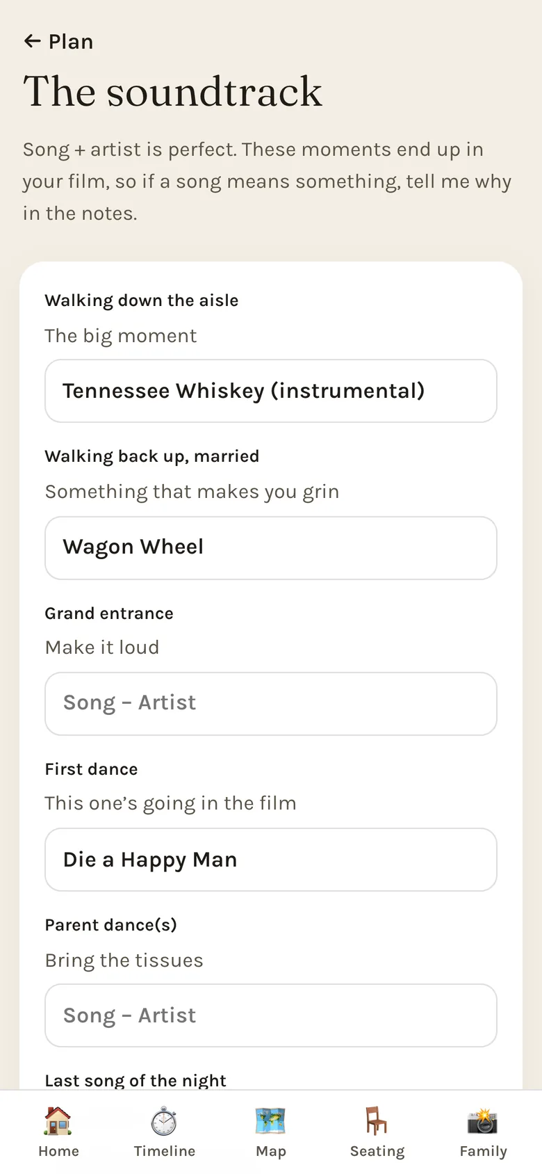 Song choices for walking down the aisle, walking back up married, the grand entrance and the first dance