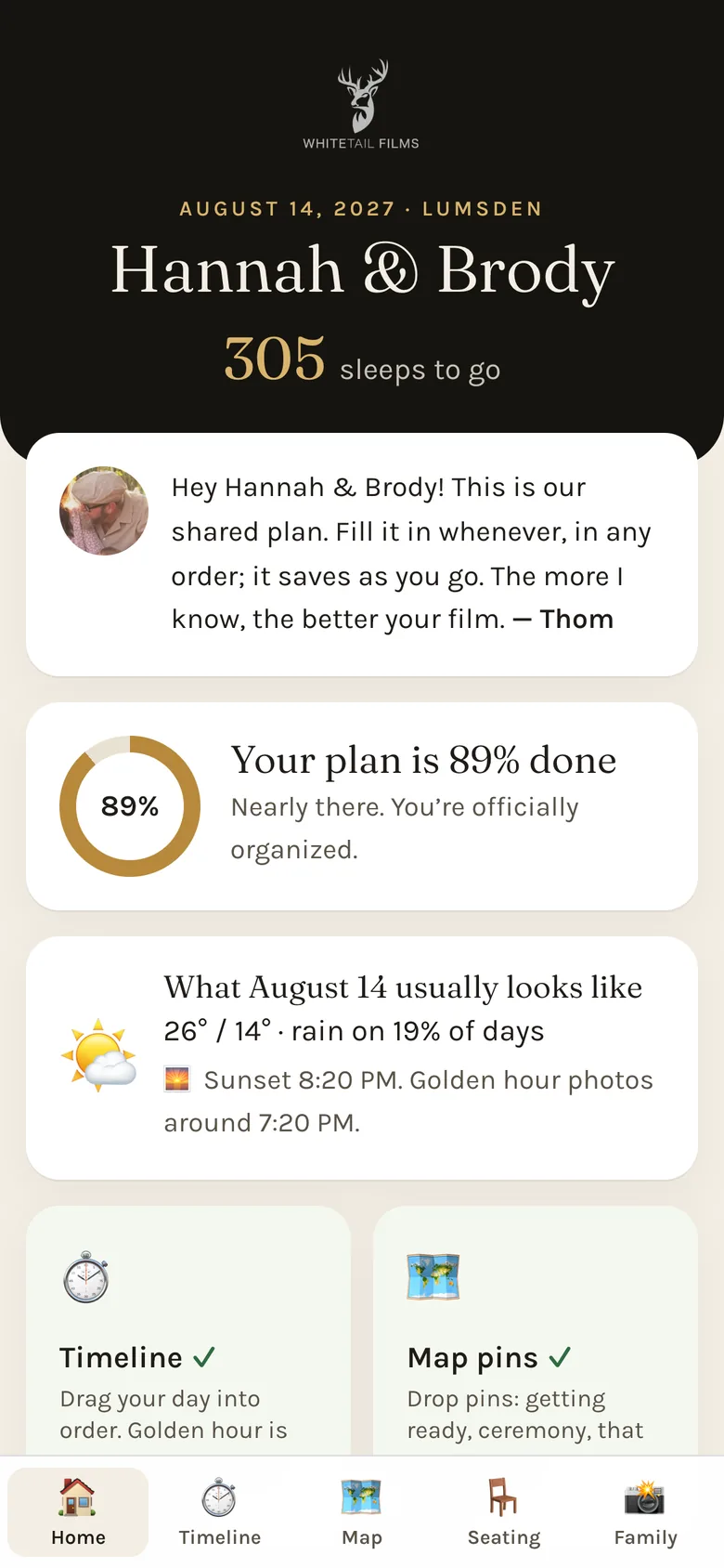Portal home screen with a countdown, a progress ring at 89 percent, and the usual weather and sunset for the wedding date