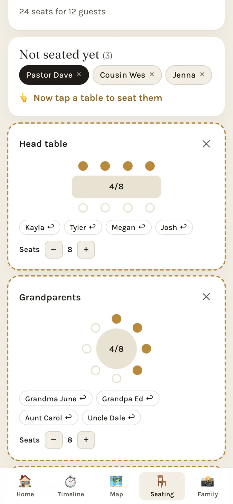 Seating chart with unseated guests and tables showing how many seats are filled