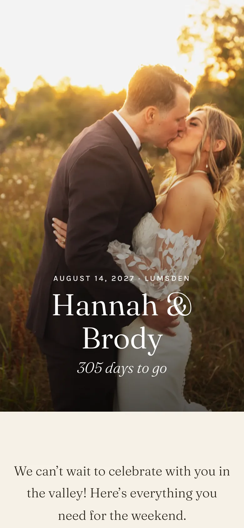 A wedding website for guests with the couple’s names, date and a welcome message